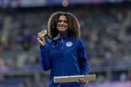 Sydney McLaughlin-Levrone celebrates on the podium at the Olympic Games in Paris 2024: Day 14 - Source: Getty